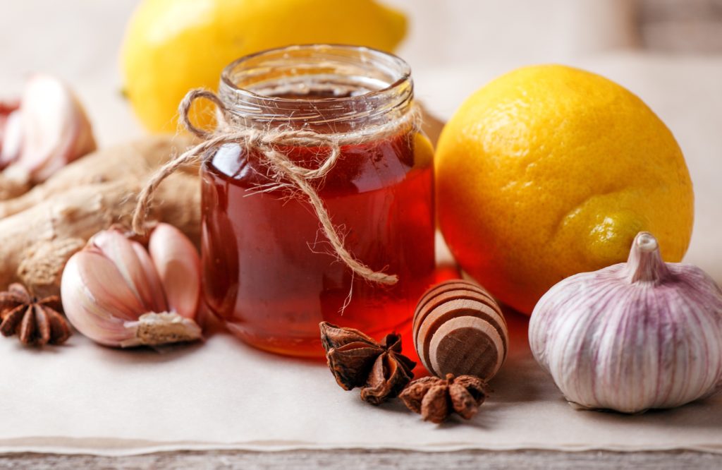 Homemade Antimicrobial Therapy Ingredients For Healthy Tea With Herbs Honey Ginger Garlic 