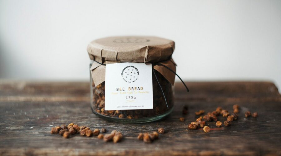 A 175g jar of Edinburgh Honey Co. Bee Bread with a tag showing Super Food High in Protein